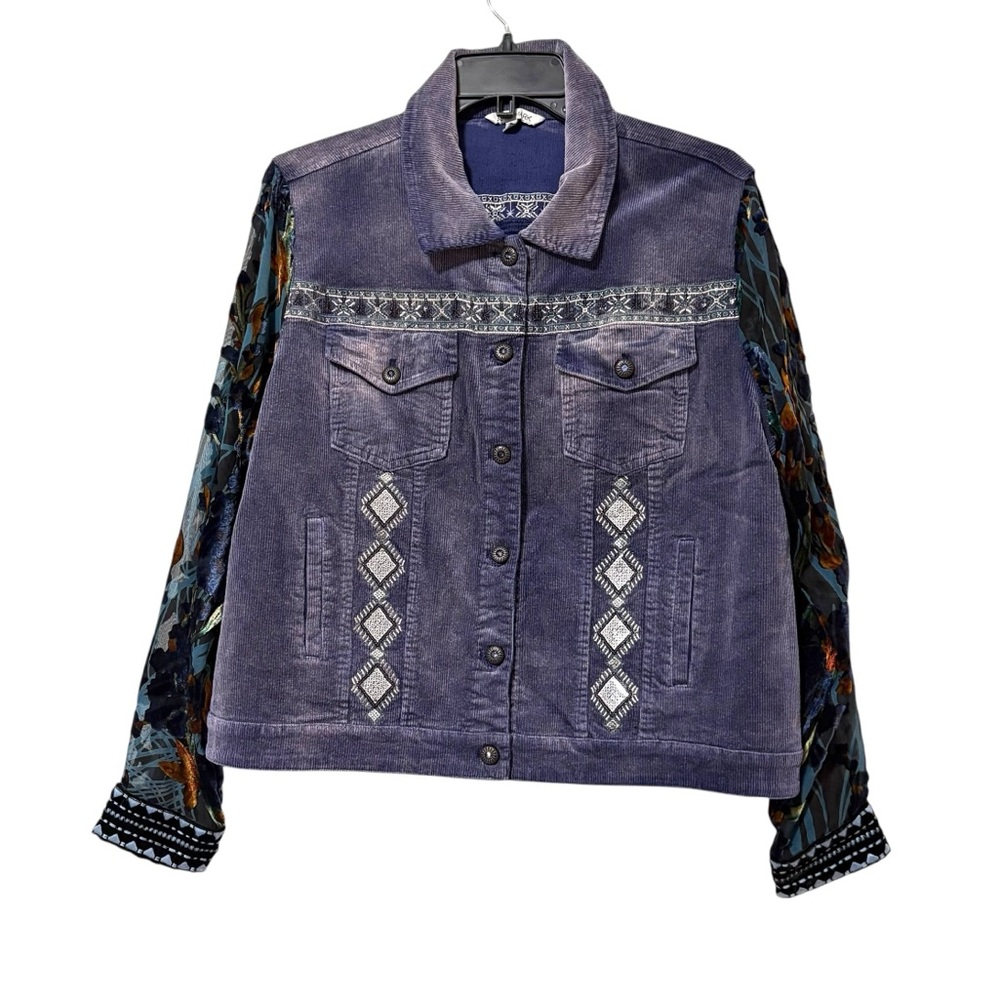 John Mark Women’s Large Purple Teal Corduroy Velvet Burnout Sleeve Jacket Artsy